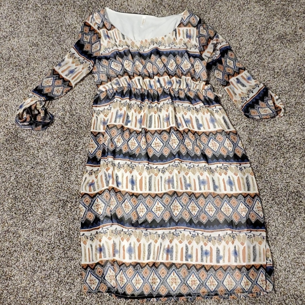 Pink blush maternity tribal print midi dress Sz M